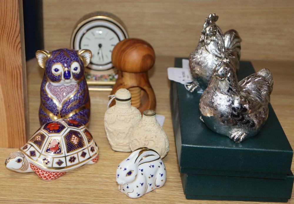 Three Royal Crown Derby paperweights, Koala, Tortoise and Rabbit (two with gold stoppers) and sundry items,